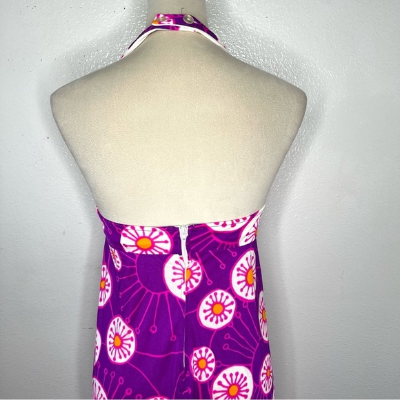 VINTAGE 1970s Slip Dress Psychedelic Maxi Purple Halter Printed Nightgown - Picture 9 of 13